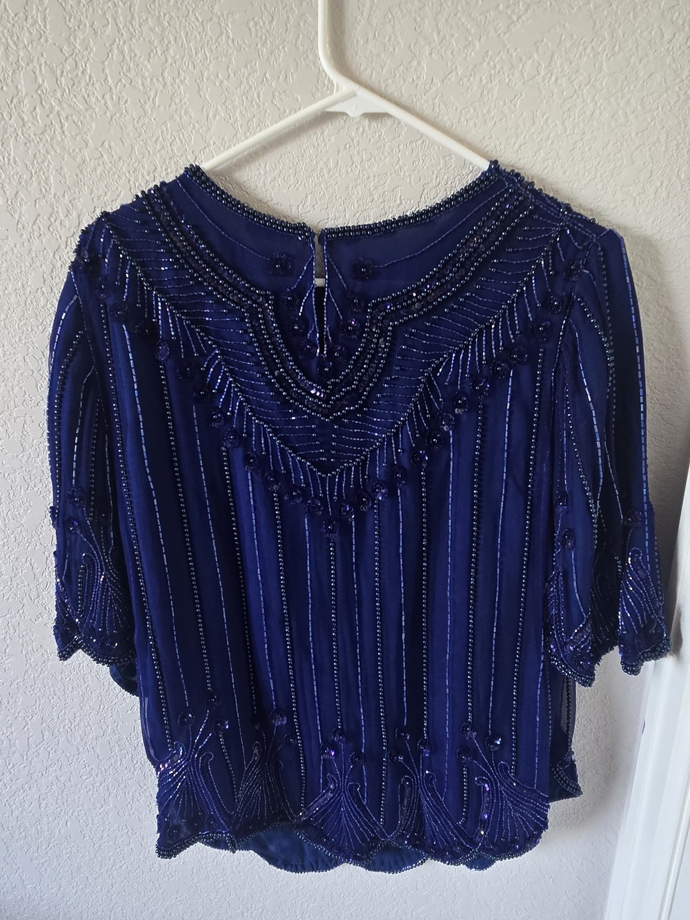 Vintage Mark & John 2 100% Silk Beaded Navy Blue Statement Blouse Small